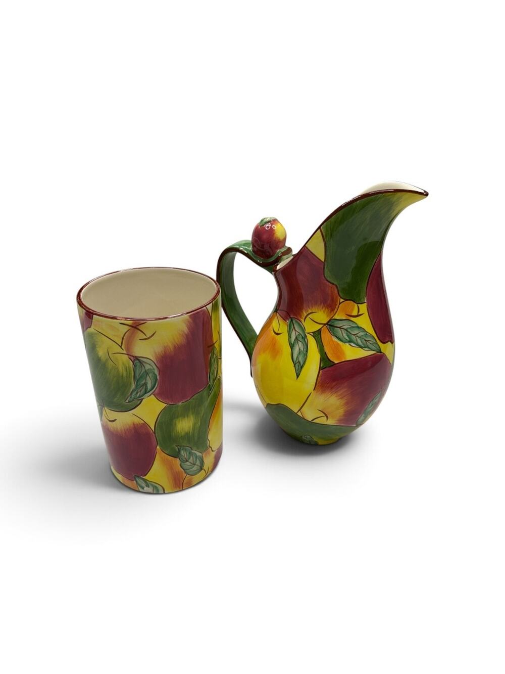 Clay Art Apple Medley Hand Painted Pitcher Carafe 10.5" & Utensil Holder